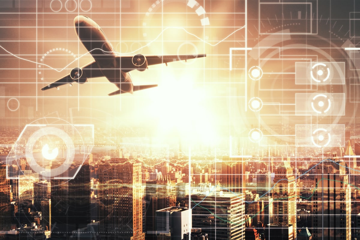 Airplane on city background with digital business chart interface and sunlight.