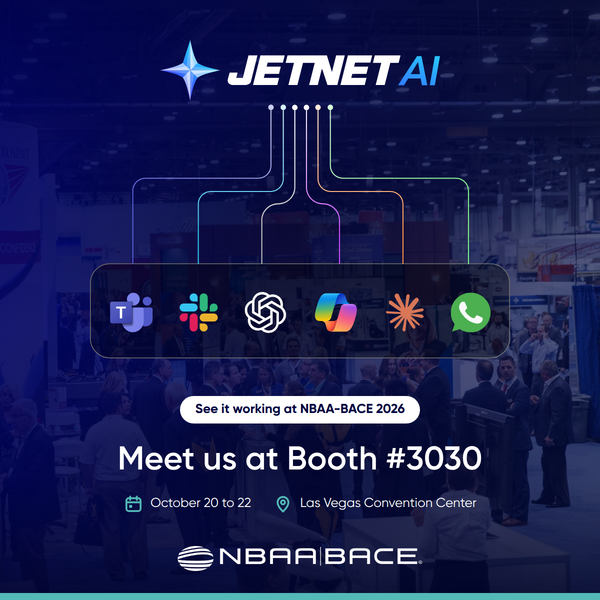 JETNET AI connects to Microsoft Teams, Slack, ChatGPT, Microsoft Copilot, Claude and WhatsApp. Meet JETNET at NBAA-BACE 2026, Booth #3030, October 20 to 22, Las Vegas Convention Center