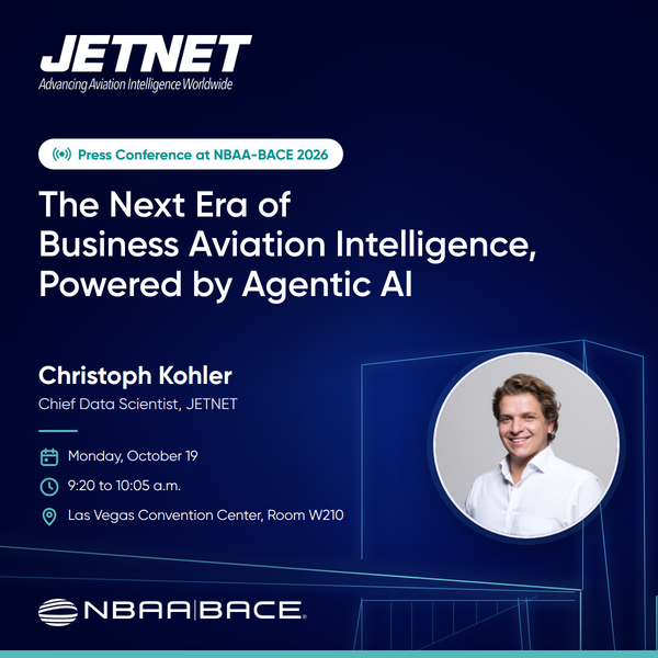 JETNET press conference at NBAA-BACE 2026 with Christoph Kohler, Chief Data Scientist, JETNET. Monday, October 19, 9:20 to 10:05 a.m., Las Vegas Convention Center, Room W210